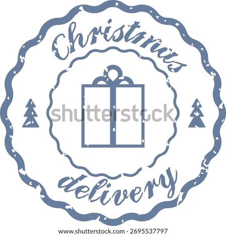 A postage stamp with a gift box and text in a vintage style. A circular emblem features a wrapped present and festive lettering. Cartoon vector illustration.