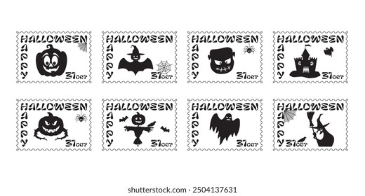 Sello postal. Halloween. Historias de horror. Murciélago. Bruja. Ilustración.