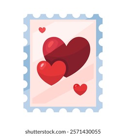 Postage stamp with heart card for Valentines Day. Romantic postal sign for love and affection feeling. Greeting card for romantic holiday or festive. Wedding, marriage, invitation postmark.