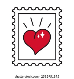 Postage stamp with Heart doodle style. Hand drawn trendy flat style love isolated icon. Romantic symbol of love for graphic design poster tattoo Valentines card line art Vector illustration