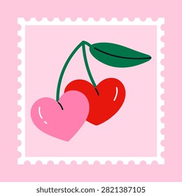 Postage stamp with heart shaped cherries with leaf. Cute Valentine's Day stamp design. Romantic postal sticker. Love themed philatelic. Vector illustration in flat cartoon style