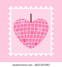 Postage stamp with heart shaped disco ball. Mirror ball for discotheque. Cute Valentine's Day stamp design. Romantic postal sticker. Love themed philatelic. Vector illustration in flat cartoon style