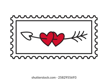 Postage stamp with Hearts pierced by an arrow doodle style Hand drawn trendy flat style love isolated icon Romantic symbol of love for graphic design poster tattoo Valentines Day card line art Vector