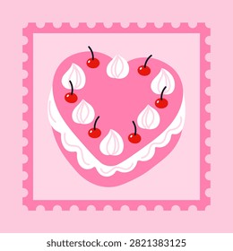 Postage stamp with сute heart-shaped cake with cherries. Cute Valentine's Day stamp design. Romantic postal sticker. Love themed philatelic collection. Vector illustration in flat cartoon style