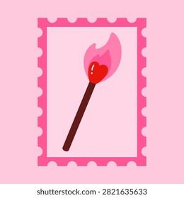 Postage stamp with heart-shaped match with flame. Cute Valentine's Day stamp design. Romantic postal sticker. Love themed philatelic. Vector illustration in flat cartoon style