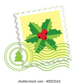 Postage stamp with holly. Vector illustration.