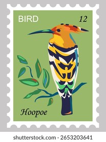 Carimbo de correio com pássaro hoopoe. Pássaro brilhante e colorido fica em abranch com folhas em fundo verde. Mão desenhada. Em estilo cartoon. Ilustração vetorial.