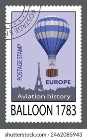 
Postage stamp with a hot air balloon over the city. Vector.