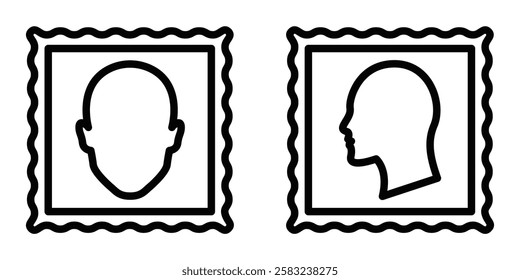 Postage stamp with human profile outline, vector icon. Editable stroke.