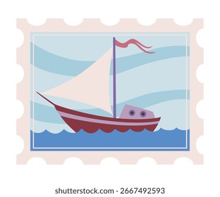 Briefmarke, Symbol. Handgezeichnetes Design, Reisekonzept. Retro-Postkartenaufkleber, einfarbige Vektorgrafik einzeln auf Hintergrund
