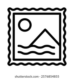 Postage stamp icon with a scenic illustration in vector style. Editable stroke.