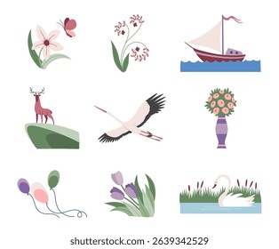 Postage stamp, icon set. Hand drawn design, concept of travel. Retro postcard stickers, flat color vector illustration isolated on background