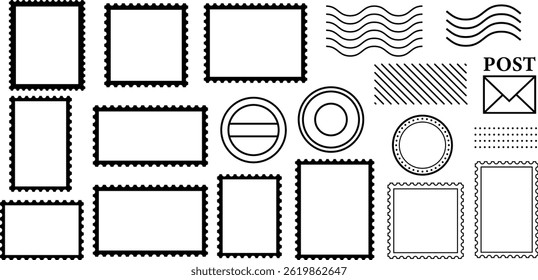 Postage stamp icons and frames vector shape set, decorative clip art element set