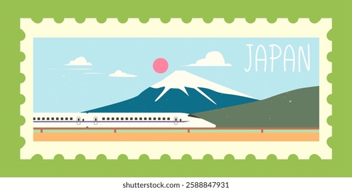 Postage stamp illustration featuring Mount Fuji, high-speed train, and the sun in minimalist flat design. Background includes a blue sky with clouds. Concept of travel to Japan. Vector illustration