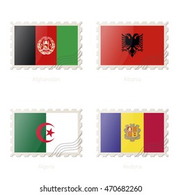 Postage stamp with the image of Afghanistan, Albania, Algeria, Andorra flag. Afghanistan, Albania, Algeria, Andorra Flag Postage on white background with shadow. Vector Illustration.