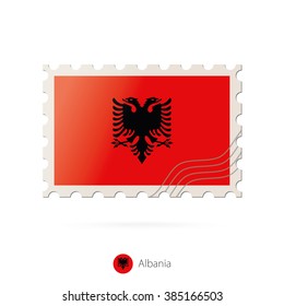 Postage stamp with the image of Albania flag. Albania Flag Postage on white background with shadow. Vector Stamp. Postage stamp and Albania flag. Vector Illustration.