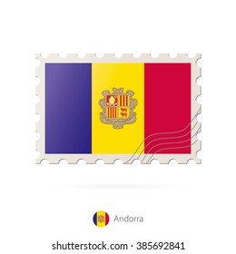 Postage stamp with the image of Andorra flag. Andorra Flag Postage on white background with shadow. Vector Stamp. Postage stamp and Andorra flag. Vector Illustration.