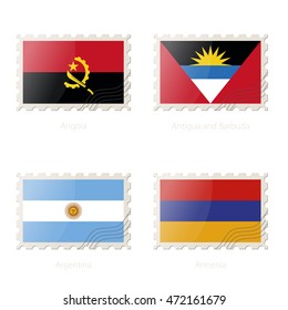 Postage stamp with the image of Angola, Antigua and Barbuda, Argentina, Armenia flag. Angola, Antigua and Barbuda, Argentina, Armenia Flag Postage on white background with shadow. Vector Illustration.