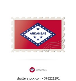 Postage stamp with the image of Arkansas state flag. Arkansas Flag Postage on white background with shadow. Vector Illustration.
