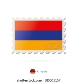 Postage stamp with the image of Armenia flag. Armenia Flag Postage on white background with shadow. Vector Stamp. Postage stamp and Armenia flag. Vector Illustration.