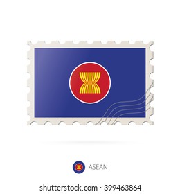 Postage stamp with the image of ASEAN flag. ASEAN Flag Postage on white background with shadow. Vector Illustration.