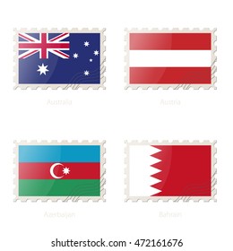 Postage stamp with the image of Australia, Austria, Azerbaijan, Bahrain flag. Australia, Austria, Azerbaijan, Bahrain Flag Postage on white background with shadow. Vector Illustration.
