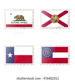 Postage stamp with the image of California, Florida, Texas, Georgia State Flag. Vector Illustration.