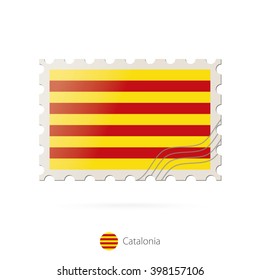 Postage stamp with the image of Catalonia flag. Catalonia Flag Postage on white background with shadow. Vector Illustration.