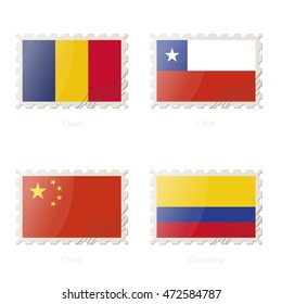 Postage stamp with the image of Chad, Chile, China, Colombia flag. China, Colombia, Chad, Chile Flag Postage on white background with shadow. Vector Illustration.