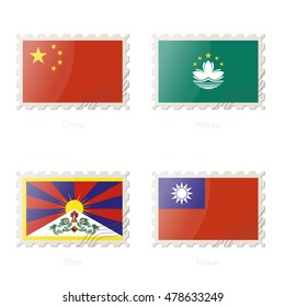 Postage stamp with the image of China, Macau, Tibet, Taiwan flag. Vector Illustration.