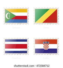 Postage stamp with the image of Comoros, Congo, Costa Rica, Croatia flag. Costa Rica, Croatia, Comoros, Congo Flag Postage on white background with shadow. Vector Illustration.