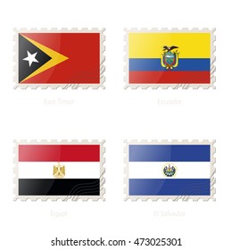 Postage stamp with the image of East Timor, Ecuador, Egypt, El Salvador flag. Egypt, El Salvador, East Timor, Ecuador Flag Postage on white background with shadow. Vector Illustration.
