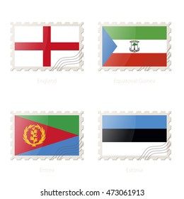 Postage stamp with the image of England, Equatorial Guinea, Eritrea, Estonia flag. Eritrea, Estonia, England, Equatorial Guinea Flag Postage on white background with shadow. Vector Illustration.
