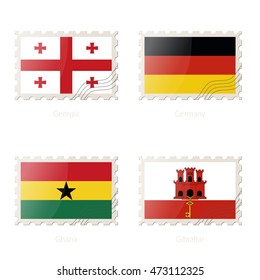 Postage stamp with the image of Georgia, Germany, Ghana, Gibraltar flags on white background with shadow. Vector Illustration.