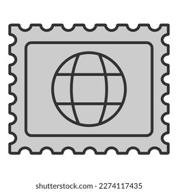 Postage stamp with the image of the globe - icon, illustration on white background, grey style