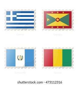 Postage stamp with the image of Greece, Grenada, Guatemala, Guinea flags on white background with shadow. Vector Illustration.