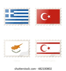 Postage stamp with the image of Greece, Turkey, Cyprus, Northern Cyprus flag. Vector Illustration.