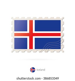 Postage stamp with the image of Iceland flag. Iceland Flag Postage on white background with shadow. Vector Stamp. Vector Illustration.