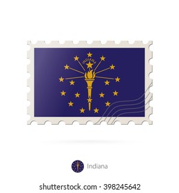 Postage stamp with the image of Indiana state flag. Indiana Flag Postage on white background with shadow. Vector Illustration.