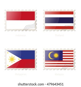Postage stamp with the image of Indonesia, Thailand, Philippines, Malaysia flag. Vector Illustration.