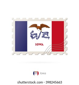 Postage stamp with the image of Iowa state flag. Iowa Flag Postage on white background with shadow. Vector Illustration.