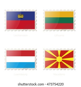 Postage stamp with the image of Liechtenstein, Lithuania, Luxembourg, Macedonia flag. Vector Illustration.