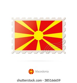 Postage stamp with the image of Macedonia flag. Macedonia Flag Postage on white background with shadow. Vector Stamp. Postage stamp and Macedonia flag. Vector Illustration.