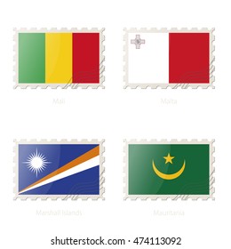 Postage stamp with the image of Mali, Malta, Marshall Islands, Mauritania flag. Postage on white background with shadow. Vector Illustration.