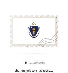 Postage stamp with the image of Massachusetts state flag. Massachusetts Flag Postage on white background with shadow. Vector Illustration.