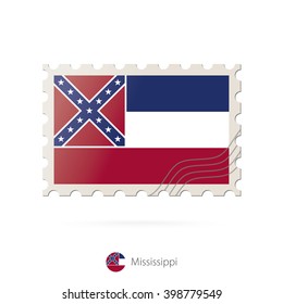 Postage stamp with the image of Mississippi state flag. Mississippi Flag Postage on white background with shadow. Vector Illustration.