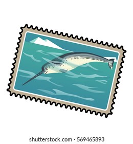 Postage stamp with image of Narwhal or narwhale (Monodon monoceros) isolated on white background. Cartoon vector illustration close-up.