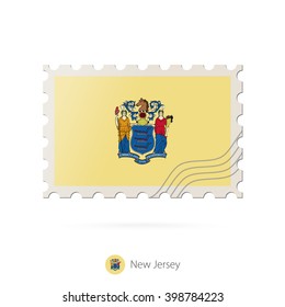 Postage stamp with the image of New Jersey state flag. New Jersey Flag Postage on white background with shadow. Vector Illustration.