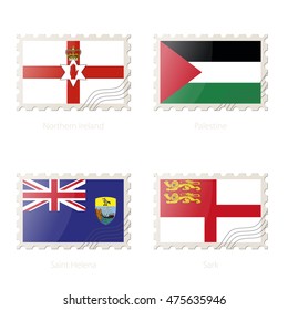 Postage stamp with the image of Northern Ireland, Palestine, Saint Helena, Sark flag. Vector Illustration.