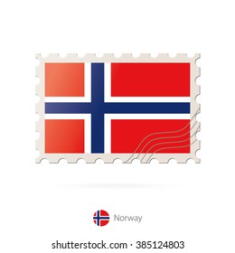 Postage stamp with the image of Norway flag. Norway Flag Postage on white background with shadow. Vector Stamp. Postage stamp and Norway flag. Vector Illustration.